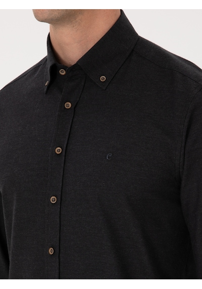 Cacharel Siyah Slim Fit %100 Pamuk Yakası Düğmeli Flanel Gömlek
