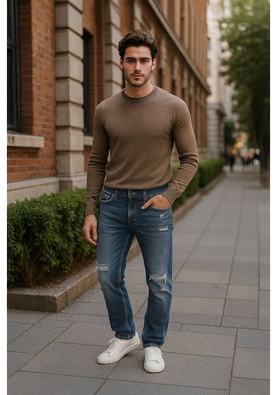 Erkek Yırtık Detaylı Jean Pantolon Mavi 001