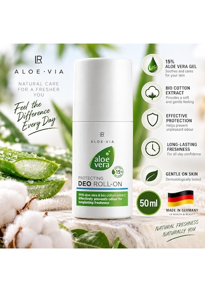 Aloe Vıa Alkolsüz Deo Roll-on, %15 Aloe Vera Jel Ve Organik Pamuk Ekstreli, Hassas Ciltler İçin, 50 Ml