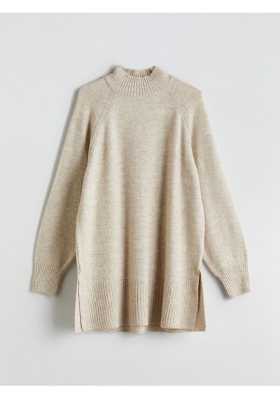 Lcw Modest Ekru Dik Yaka Oversize Kadın Triko Tunik