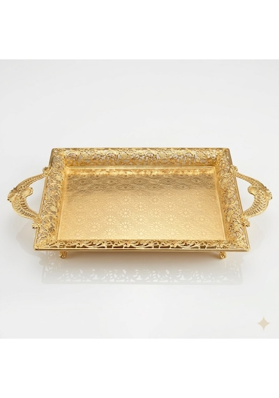 Gold Renk Ayaklı Tepsi Orta Boy Lkm-427 Gold - Lüks Sunum Tepsisi Gümüş