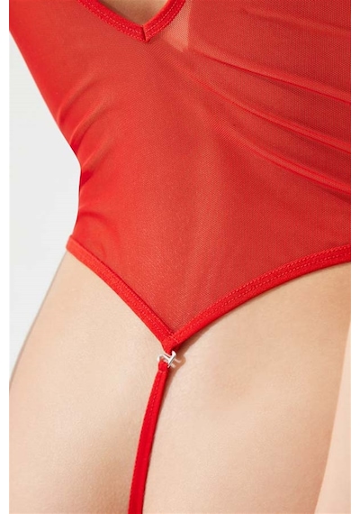 Cottonhill Kırmızı Dantelli Dekolteli Transparan String Kadın Bodysuit Kirmizi