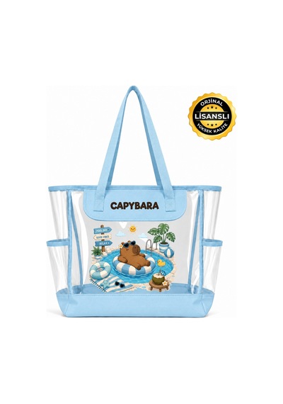 Capybara Lisanslı Figürlü Plaj Çantası Şeffaf Yüzeyli, Geniş Hacimli MAvi