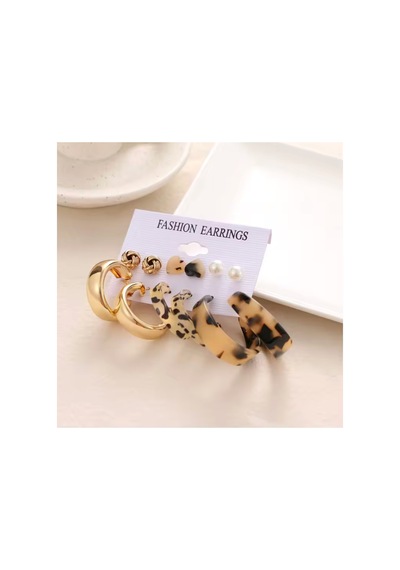 Leolove 6 Çift Gold Leopar Altın Halka Akrilik Ve İncili Altın Çoklu Küpe Seti Siyah - Gümüş
