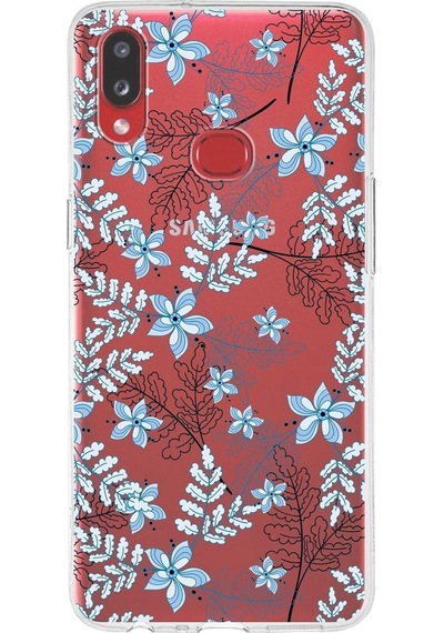 Samsung Galaxy A10s Uyumlu Kapak Floral Mavi Tasarımlı Şeffaf Silikon Kılıf
