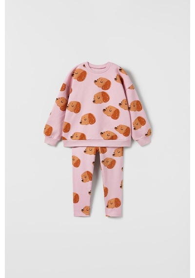 Magu Kız Çocuk Pamuklu Köpek Desenli Pembe Sweatshirt Ve Tayt Takımı