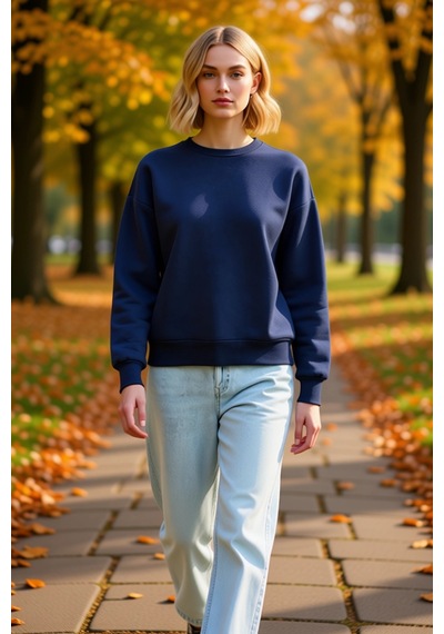 Benerly Kadın Bisiklet Yaka Düşük Kol Oversize Kalın Örme Sweatshirt Fonk Indigo