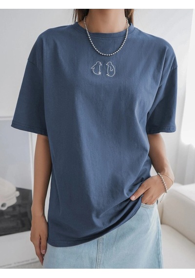 Flood Of Style Kadın Indigo Mavi Penguen Baskılı Oversize T-shirt Lacivert