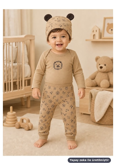 Ferasty İstanbul Erkek Bebek 3'lü Takım Aslan Desenli Body Pantolon Bere Bej