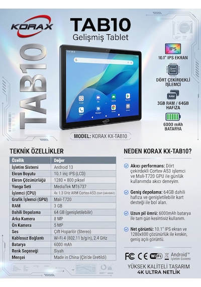 Korax KRX-TAB10 10.1" 3 GB 64 GB Android Tablet
