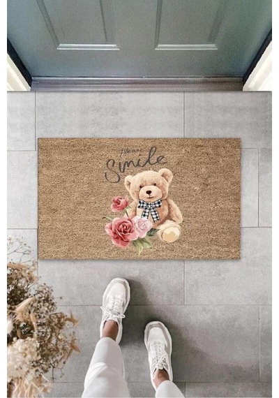 Dijital Please Smile Ayıcık Bej Kapı Paspası Dış Mekan Paspas K-3175 Renkli