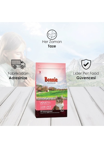 Bonnie Kuzu Etli ve Pirinçli Yetişkin Kedi Maması 3 x 1500 G