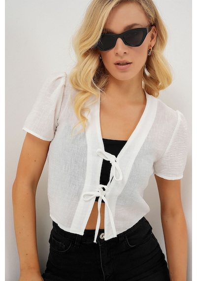 Hiccup Bdart Dokulu V-yaka Keten Karışımlı Crop Top Beyaz