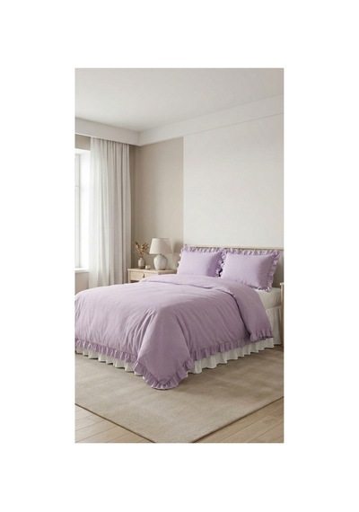 3 Parça Çarşafsız Pamuklu Kumaş Fırfırlı Çift Kişilik Nevresim Seti Lila - 784822059 Lila