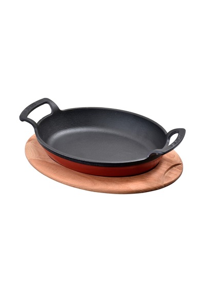 Lava Döküm Oval Kulplu Tava ve Ahşap Altlıklı. Ölçü 23x17cm. - Kı