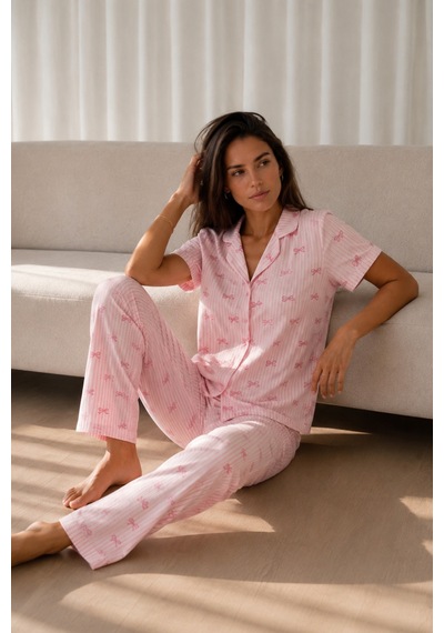 Kadın Loose Uzun Paça Pamuk Pembe Pijama Takımı