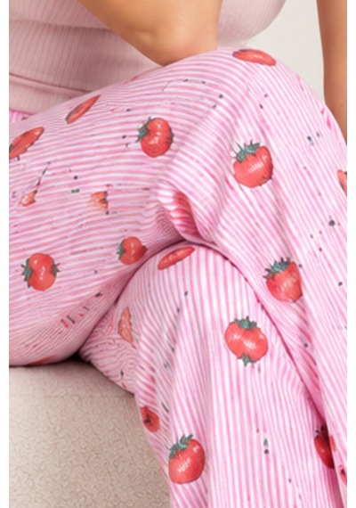Womanandkids Night Pembe Kadın Çizgili Bluz Desenli Askılı Pijama Takımı