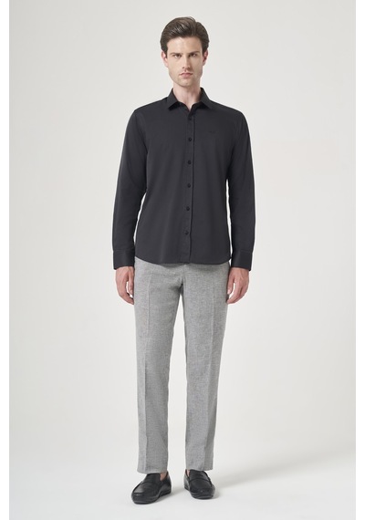 İmza Siyah Sert Yaka Uzun Kol Cepsiz Slim Fit Pamuklu Gömlek 1004260213