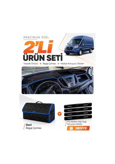 E-biz Ford Transit 2015-2022 Uyumlu Torpido Örtüsü + Deri Bagaj Çantası Seti - Siyah-mavi - Fo030