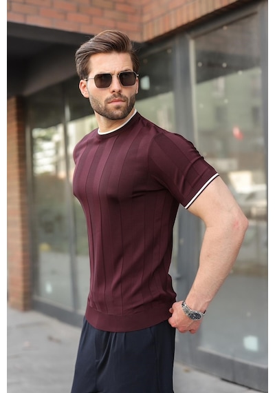 Madmext Mürdüm Bisiklet Yaka Regular Fit Triko Erkek Tişört E7487