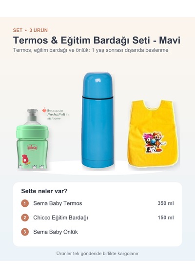 Termos & Eğitim Bardağı Seti 3 Parça: Termos + Chicco Eğitim Bardağı + Önlük - Mavi Diğer