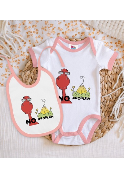 Bk Kids No Problem Tasarımlı Pembe Bebek Body Zıbın Ve Mama Önlüğ Çok Renkli