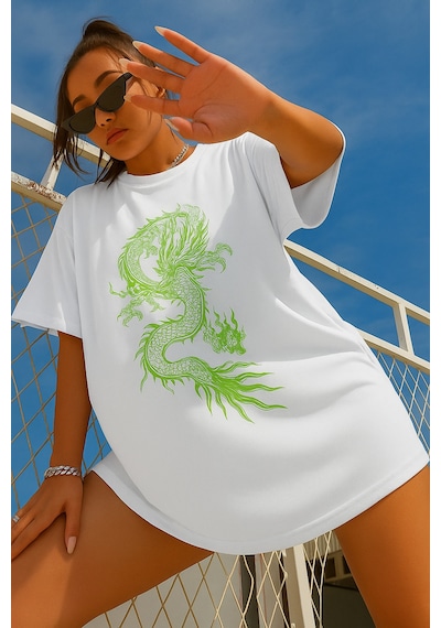 Ejderha Baskılı Oversize T-shirt BEYAZ
