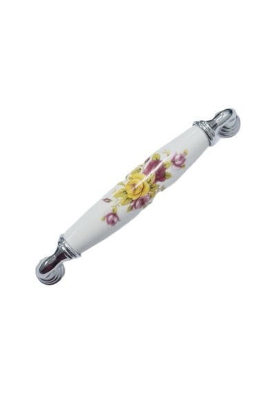 Beyaz Porselen Kulp Krom Ayak Sarı Çiçekli 128 Mm / 5 Adet Antik