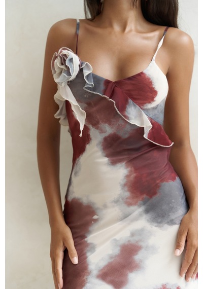 Mai Collection Mai Studios Co. Purtyas Fırfır Detaylı Bordo Uzun Elbise Bordo