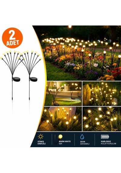 2'li Güneş Enerjili 70 Cm Firefly Bahçe Lambası 8 Led Aydınlatma Dekoratif Solar Dış Mekan Balkon Yürüyüş Yolu 13372804