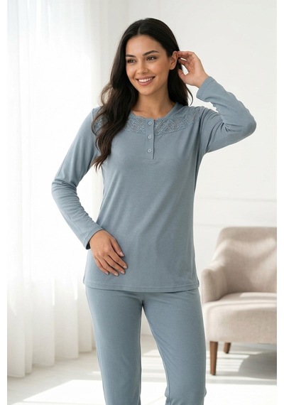 Mataş Kadın Dantelli Bambu Viskon Uzun Kollu Mevsimlik Soft Örme Yumuşak Pijama Takımı Turkuaz