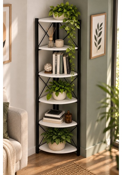 Sulorahome 6 Raflı Köşe Kitaplık Ve Saksılık Standı Beyaz Antrasit