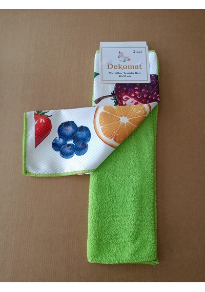 Microfiber Temizlik Bezi 40x50 Cm 2 Adet Çilek Desen Bir Adet Baskılı Bir Adet Naturel Yeşil