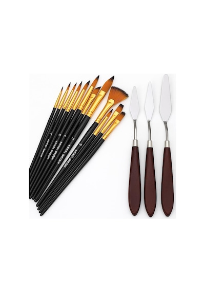 Ressam Sanat Malzemeleri Seti 12'li Fırça Seti + 5'li Metal Spatula Akrilik, Suluboya, Yağlıboya İçin Profesyonel