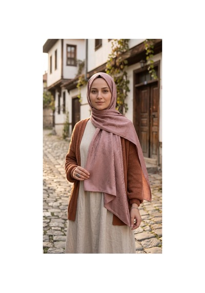 Nukra Jakarlı Pamuk Tesettür Şal Otantik Desen Pembe 70 X 190 Cm