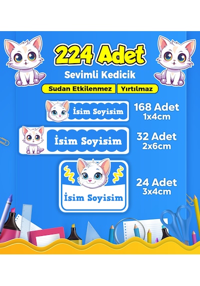 Sevimli Kedi Temalı Okul Kreş Kişiye Özel İsim Etiket Seti - Model 378 Çok Renkli