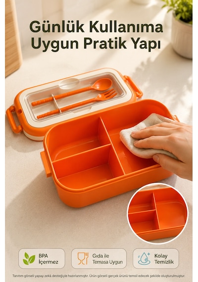 Turuncu 3 Bölmeli Çocuk Beslenme Kutusu Kaşık Çatal Dahil Kilitli Kapaklı Taşıma Saplı Lunch Box Diğer