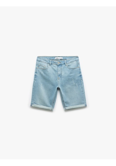 Koton Pamuklu Katlamalı Paça Bermuda Slim Fit Denim Şort Bleach 5sam40001ıd Açık Mavi