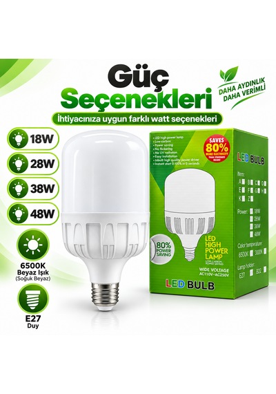 Alüminyum Soğutuculu Led Ampul E27 6500k Güçlü Beyaz Işık 38w 1