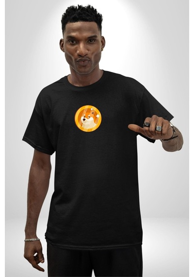 Doge Coin Siyah Oversize Unisex Ön Orta Minimal Baskılı Tişört Siyah