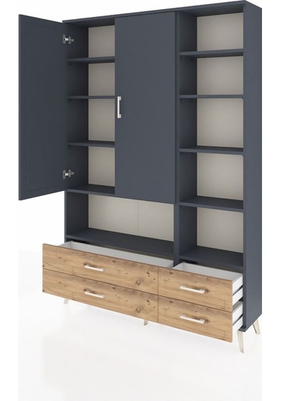Arges Dolap 10 Raflı 4 Çekmeceli 2 Kapaklı 132x30x195 Antrasit-antrasit/çam Antrasıt/atlas Çam