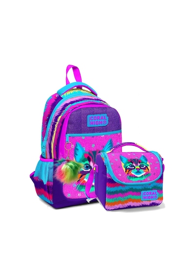 Coral High Okul Sırt Çantası Ve Beslenme Çantası Seti - Kız Çocuk Mor Pembe Kedi
