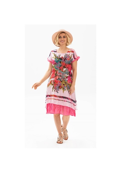 Eliş Şile Bezi Kısa Kol Vual Defne Midi Boy Elbise Pembe 6060 Pembe