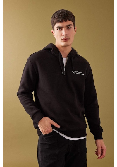 DeFacto Oversize Geniş Kalıp Yarım Fermuarlı Kapüşonlu Sırt Baskılı Sweatshirt B4804AX24SPBK81