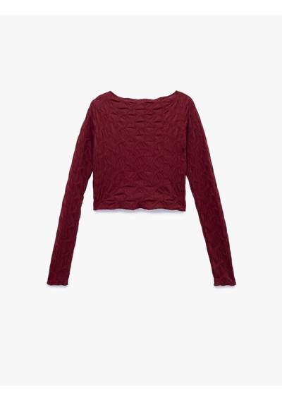 Koton Uzun Kollu Dokulu Kayık Yaka Slim Fit Crop Tişört Bordo 6wal10091ık Bordo
