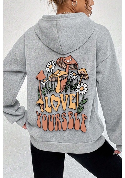 Uyguntarz Unisex Oversize Love Yourself Baskılı Sweatshirt Gri