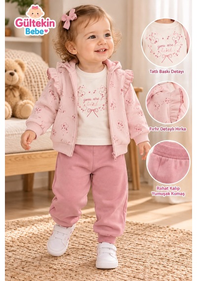 Iggy Flower Desenli 3 İplik Şardonlu Ceketli Üçlü Takım 9-24 Aylık -al126492527 - Lila