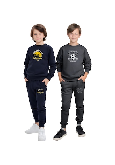 Fyk Kids 2'li Erkek Çocuk Yuvarlak Yaka Baskı Detaylı Eşofman Takımı Lacivert - Füme