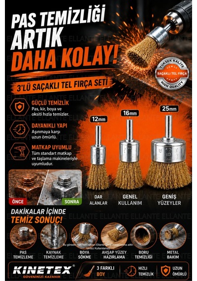 Tel Fırça Seti 3'lü Matkap Uyumlu Tel Fırça Aparatı 12mm 16mm 25mm Pas Boya Oksit Kaynak Temizleme F