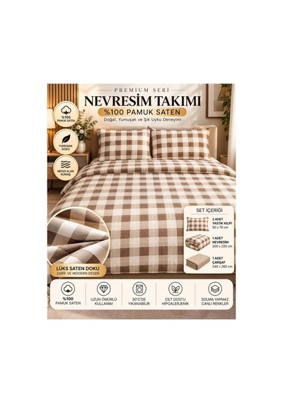 Slc Home %100 Pamuk Saten Ekose Şık Tasarım Çift Kişilik Nevresim Takımı %100 Pamuk 4 Parça Altın - 938540484 Altın